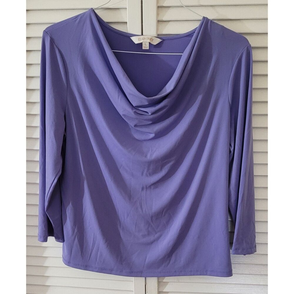 Ellen Tracy Lavender Cowl Neck Blouse 3/4 Sleeve Purple Stretch Jersey Top Large